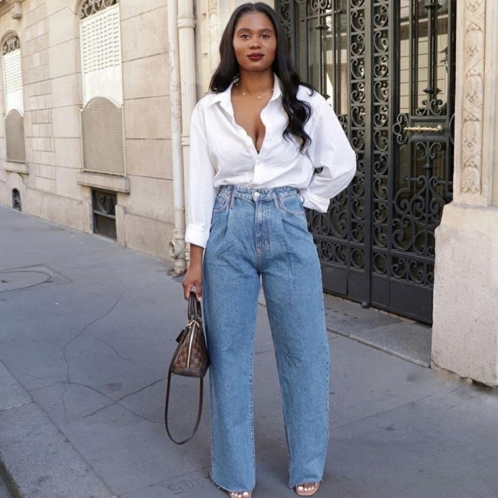 ZARA Ribcage pleated front raw hem denim trousers - Picture 1 of 11